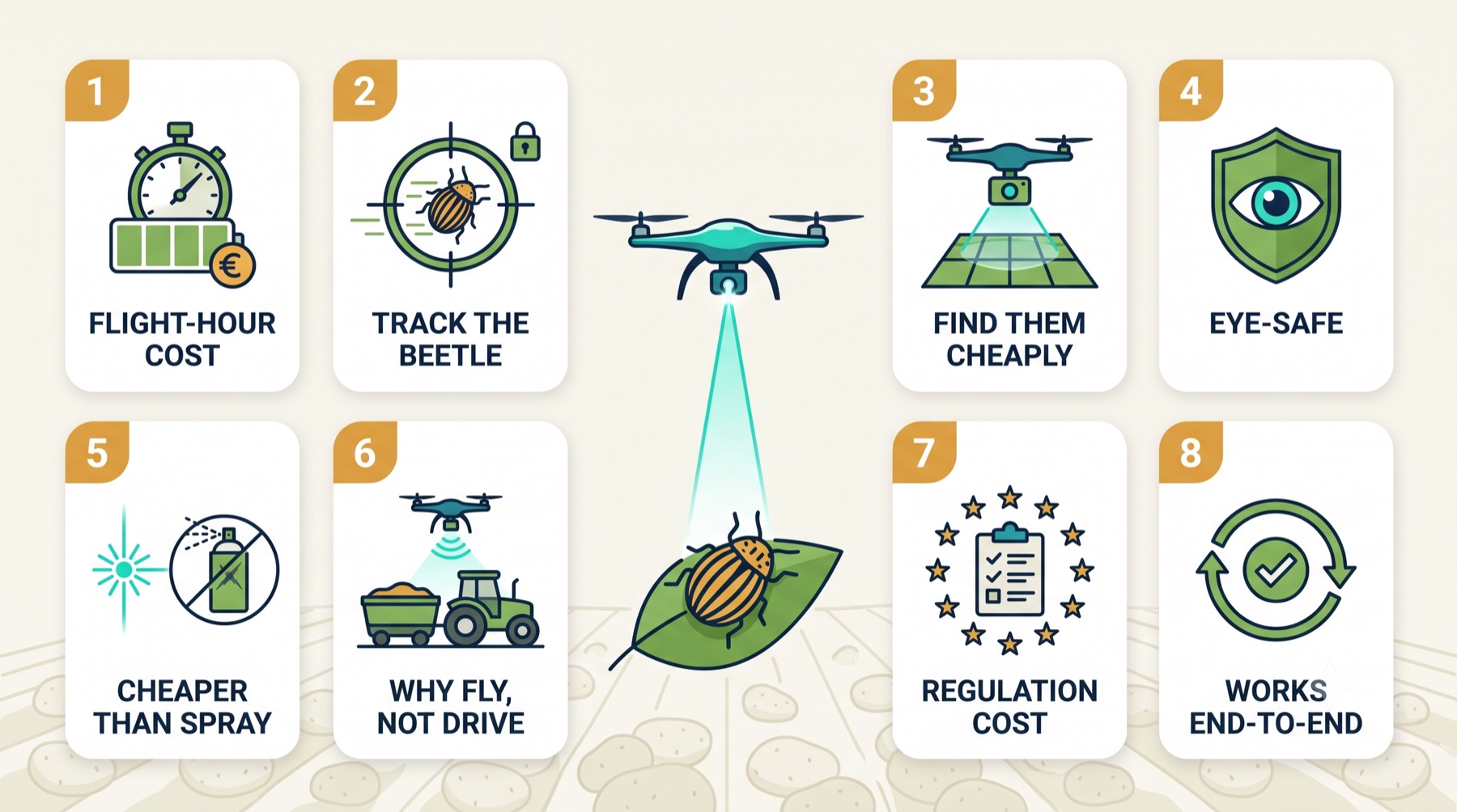 Overview of the eight questions a skeptic asks about laser-drone pest control: flight-hour cost, tracking the beetle, finding beetles cheaply, eye safety, cheaper than spray, why fly not drive, regulation cost, and works end-to-end — around a laser drone neutralising a Colorado potato beetle.